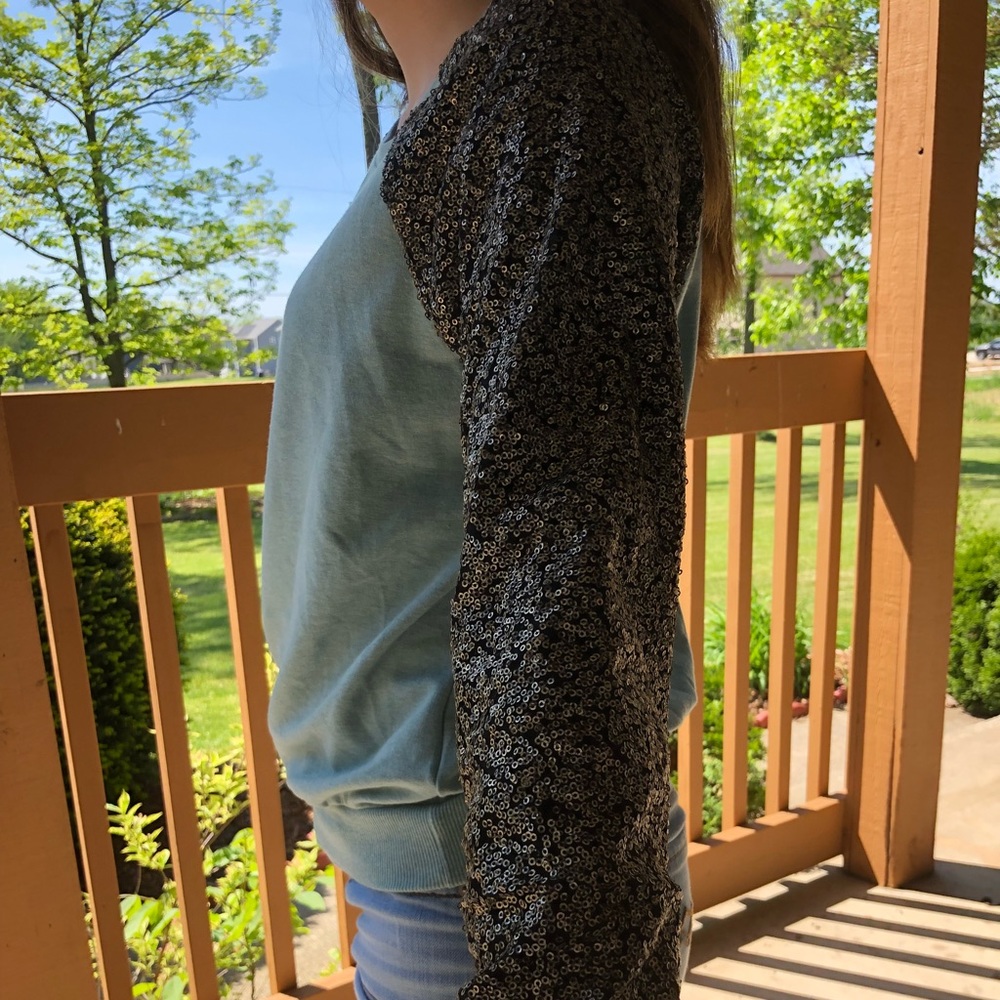Blue sweater with shimmery sleeves